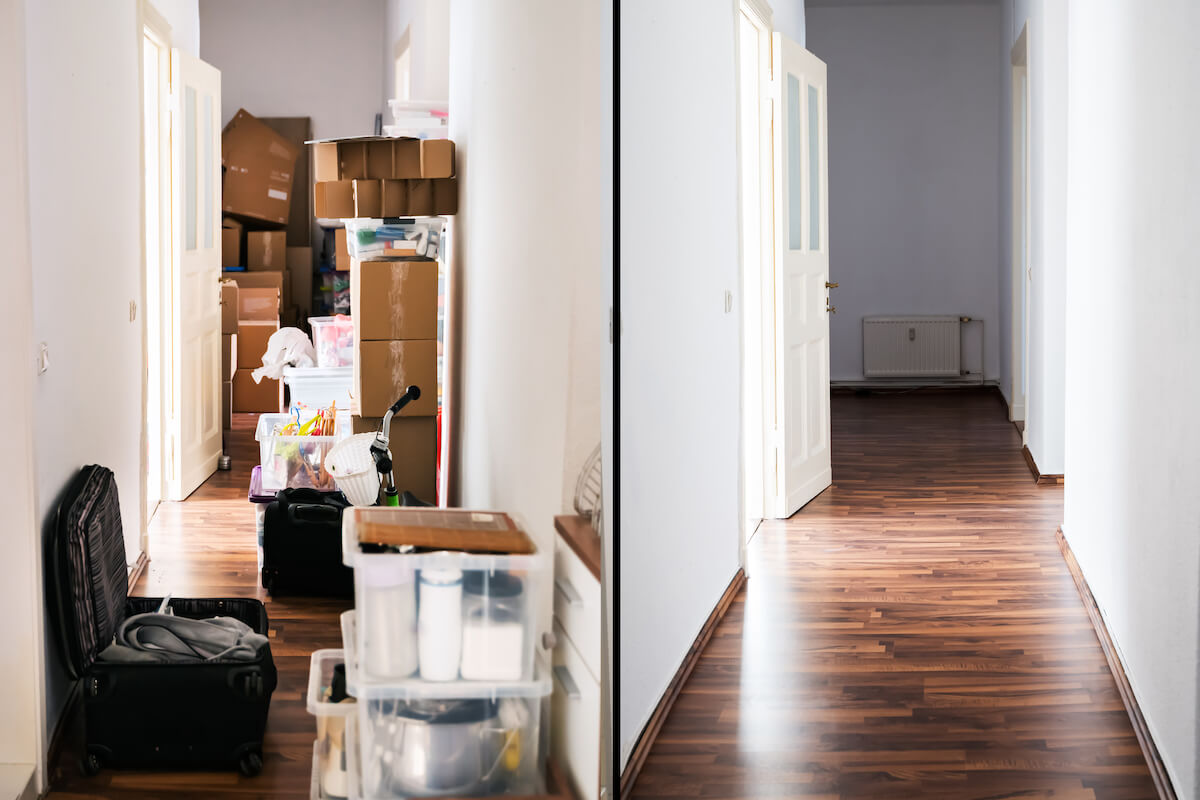 before and after of hallway after moving into house