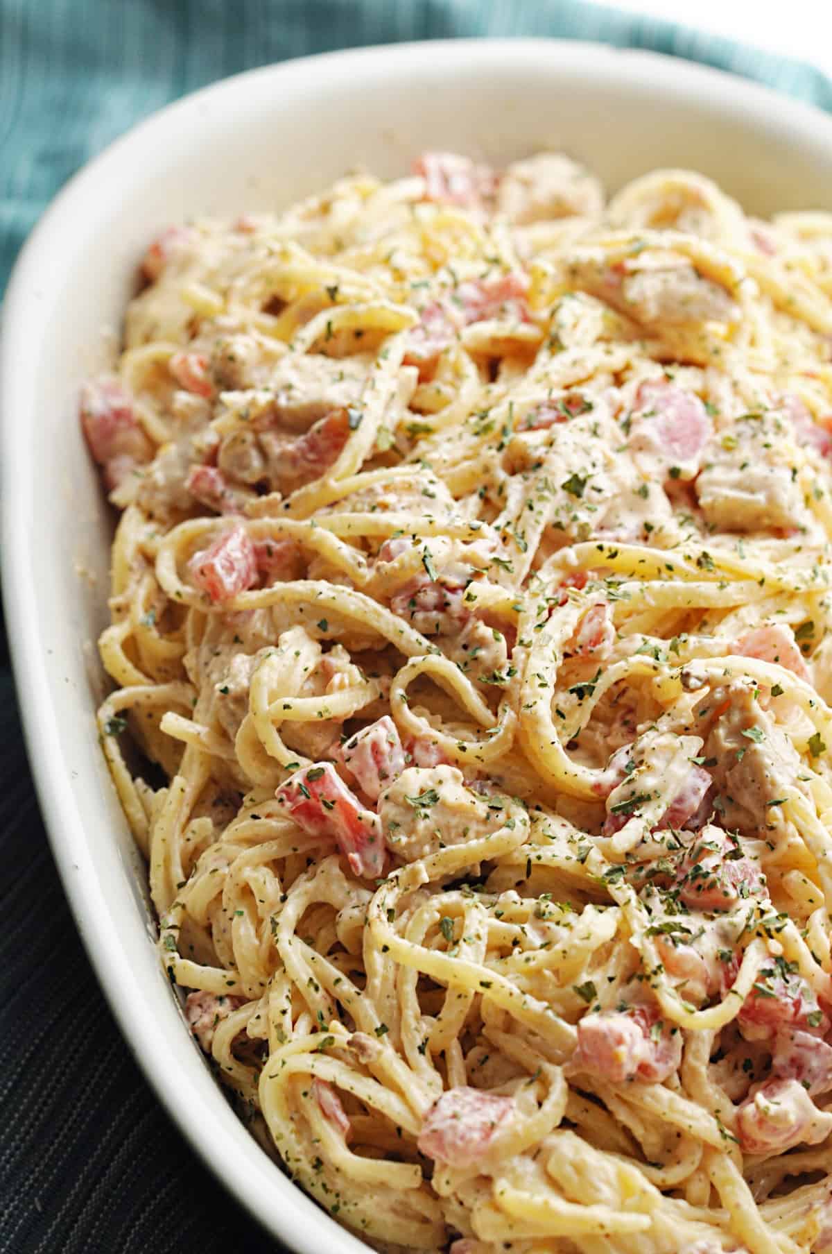 chicken spaghetti with rotel in a dish