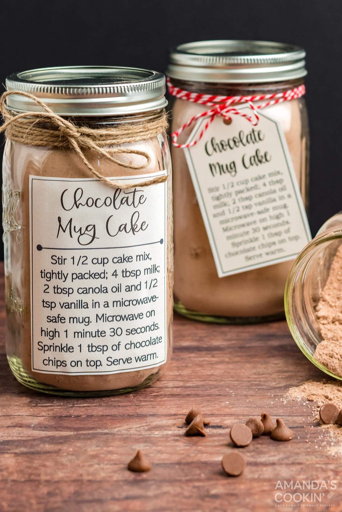 2 mason jar chocolate mug cake mix gifts.