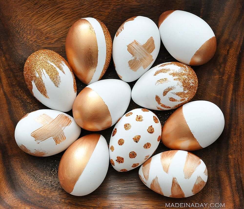 copper glitter painted eggs