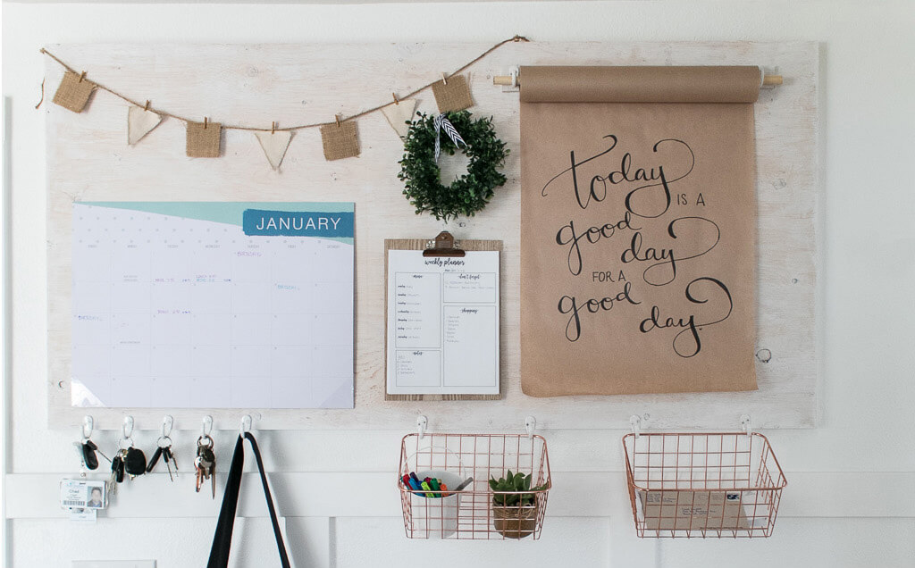 wall command center with calendar, wire baskets and key hanger