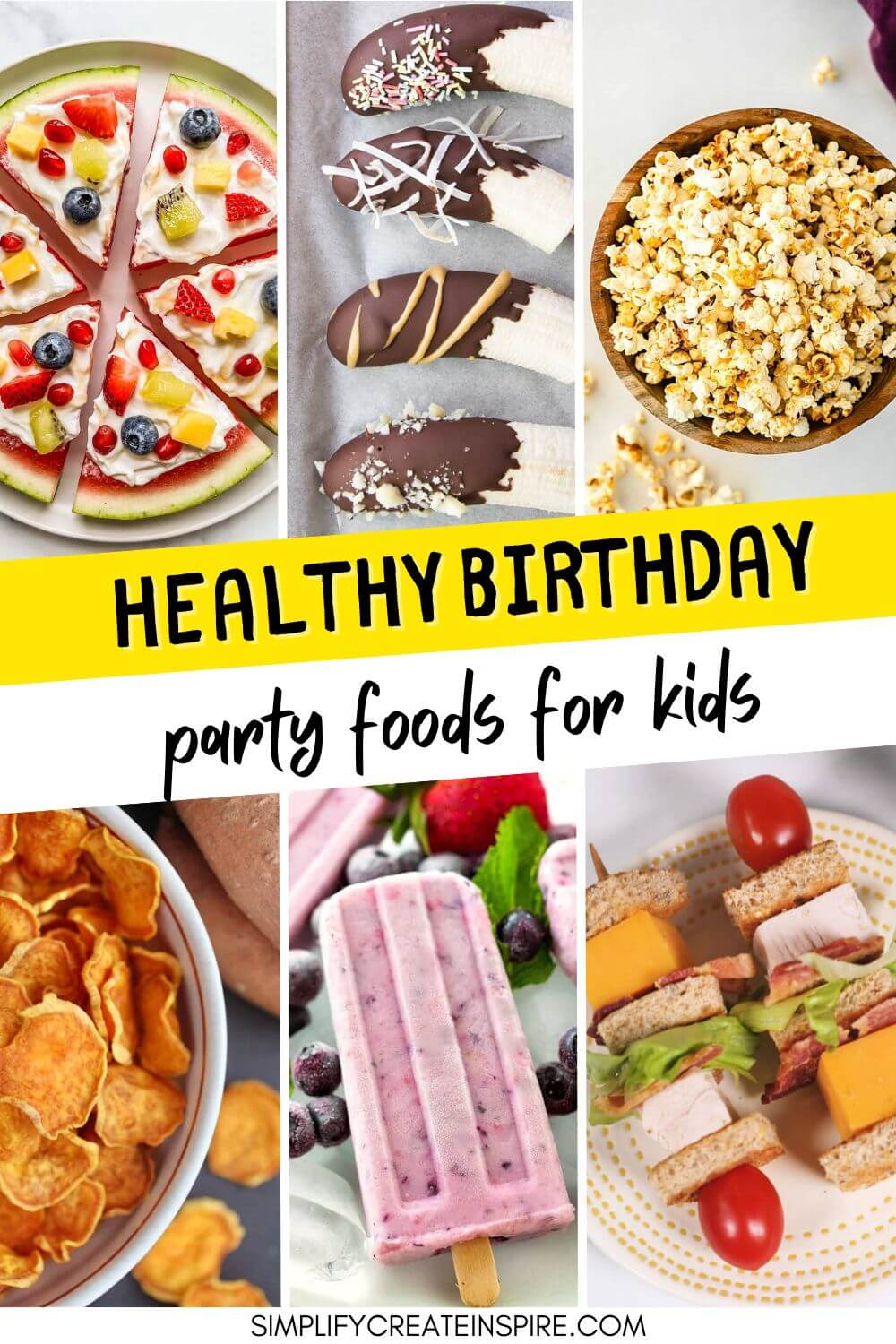 collage of healthy party food with text box that reads healthy birthday treats for kids