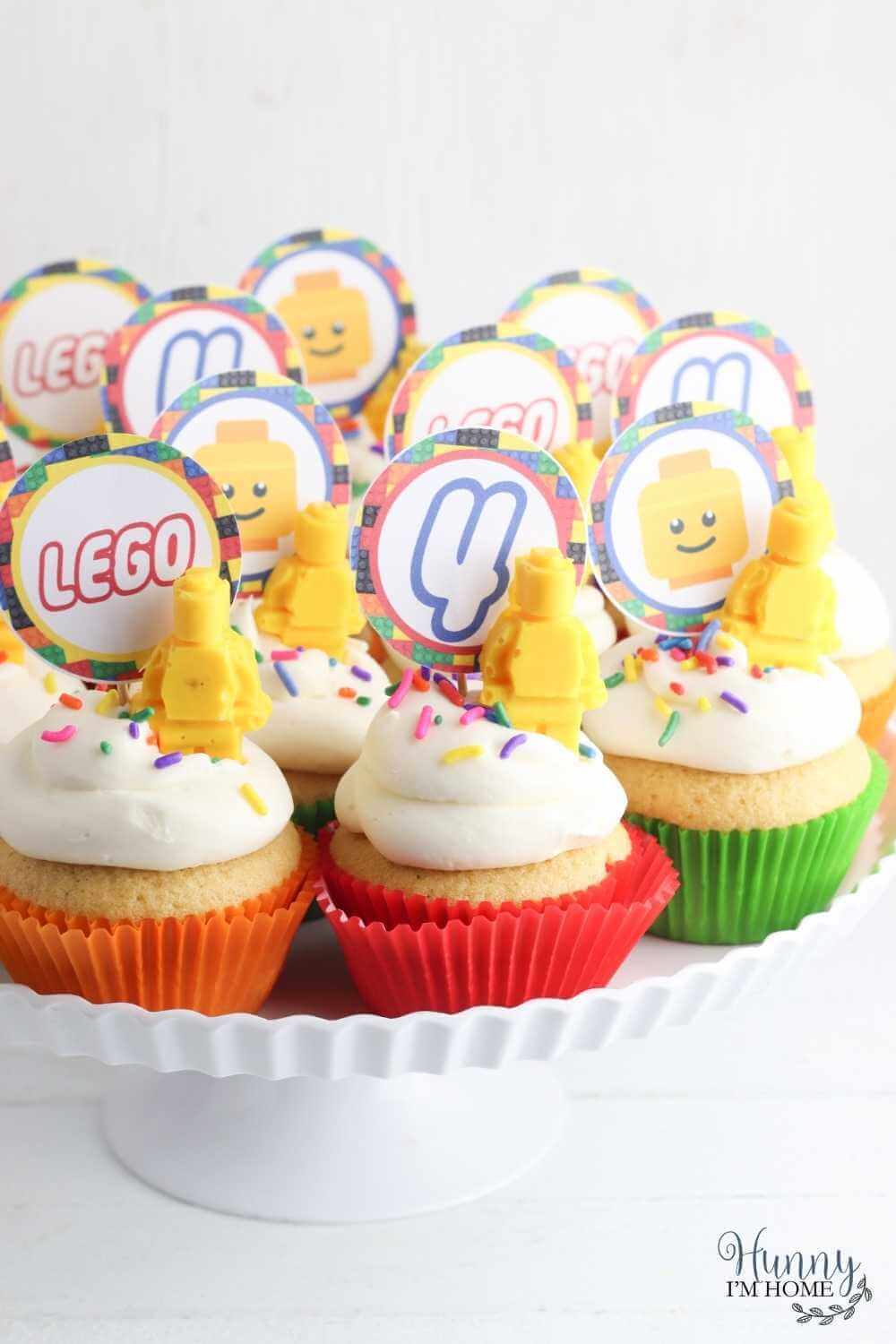 lego party cupcakes on cakestand