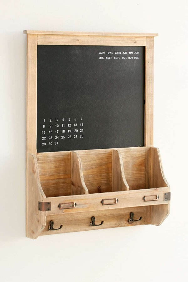 wooden chalkboard command centre with storage baskets for wall