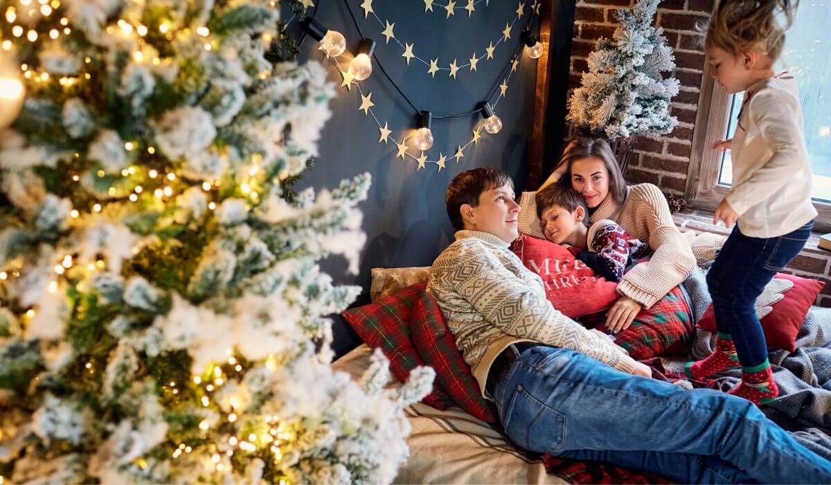 family having christmas slumber party