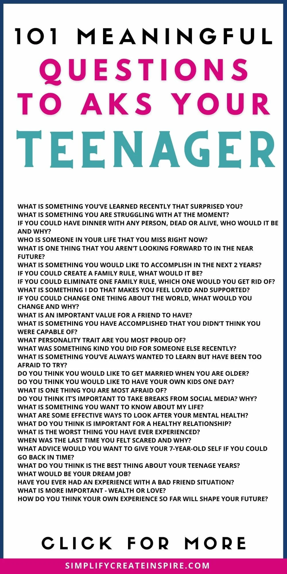 Pinterest image - text reads 101 meaningful questions to ask your teen