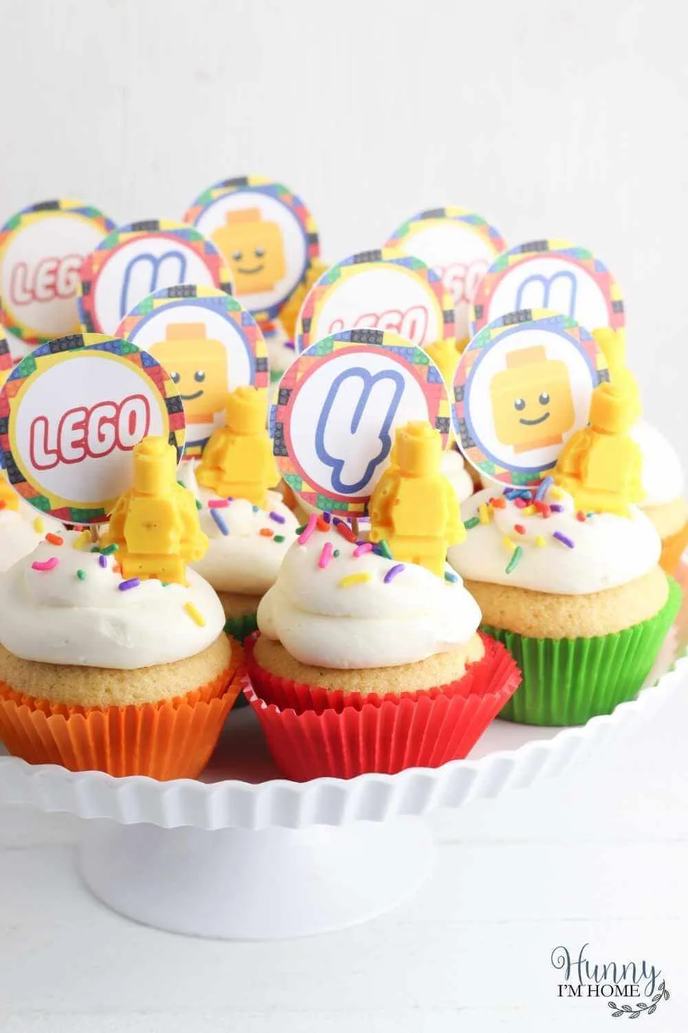 lego party cupcakes on cakestand