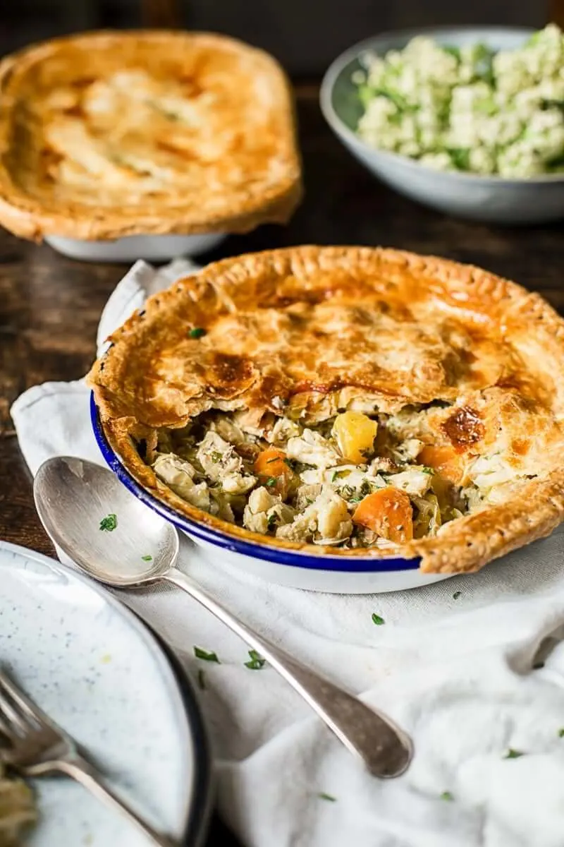 chicken pot pie with crust broken away