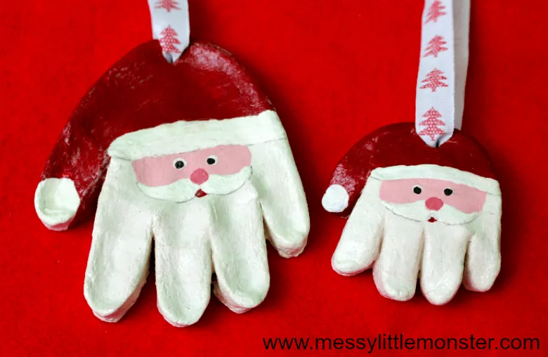 handprint santa salt dough ornaments.