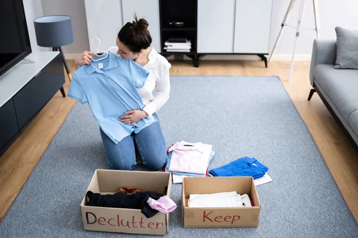 woman sorting her clothes into donate or keep boxes